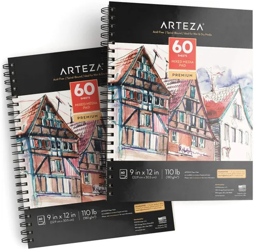 ARTEZA Cuaderno de bocetos de medios mixtos, 9 x 12 pulgadas, paquete de 2, 60 hojas encuadernadas en espiral, papel sin ácidos de 110 libras para