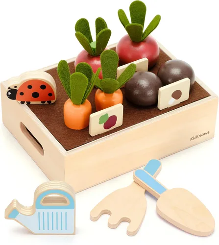 Juguete de jardín de verduras de madera para niños pequeños de 3 años, juego de cosecha y clasificación con jardinera, juguete de aprendizaje motor