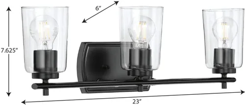 Miniatura 10 de Progress Lighting Adley Collection - Lámpara de tocador de baño tradicional con 3 luces, de cristal transparente, color negro mate, 7-5/8 x 23 Mate