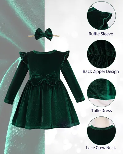 Miniatura 5 de Kucnuzki Vestido de terciopelo para niña pequeña, vestido de terciopelo sólido para niña, vestido de princesa casual para fiesta de otoño