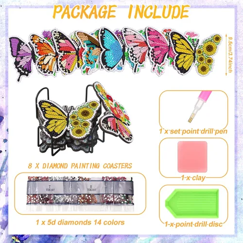 Miniatura 3 de Shellwei 8 posavasos de pintura de diamante de mariposa con soporte, kit de pintura de diamante de mariposa de primavera, posavasos coloridos