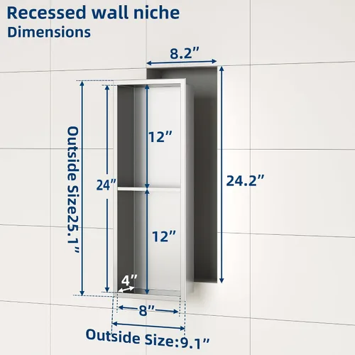 Miniatura 3 de Neodrain Nicho de ducha doble estante de acero inoxidable, no necesita azulejos, nichos de baño empotrados en la pared, nicho de pared empotrado