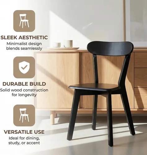 Miniatura 5 de HNY Farmhouse Solid Wood Dining Chairs Set of 2, Mid Century Modern Armless Kitchen & Dining Room Chairs with Curved Back, 300 LBS Capacity, Black