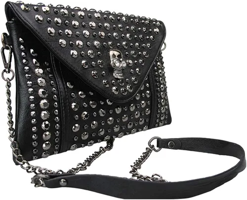 Miniatura 10 de Bolso de mano con cadena de remache para mujer, bolso de mano pequeño de piel sintética, bolso de hombro con asa superior, color negro