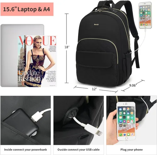 Miniatura 5 de Mochila para laptop para mujer, mochilas de viaje de negocios de 15.6 pulgadas, mochila escolar para niñas, profesores, mochila apta para la Negro