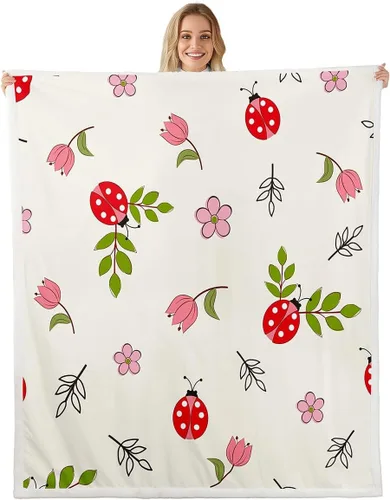 Miniatura 11 de Manta de forro polar con diseño de mariquita, diseño de mariquita, color rosa degradado con purpurina, para sofá o cama, manta Kawaii de dibujos