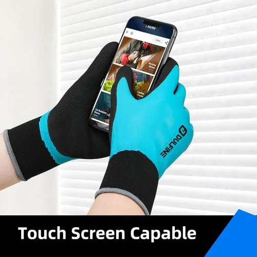Miniatura 4 de DULFINE Guantes de trabajo 100% impermeables para hombres y mujeres, agarre recubierto de látex de espuma, paquetes múltiples térmicos de invierno