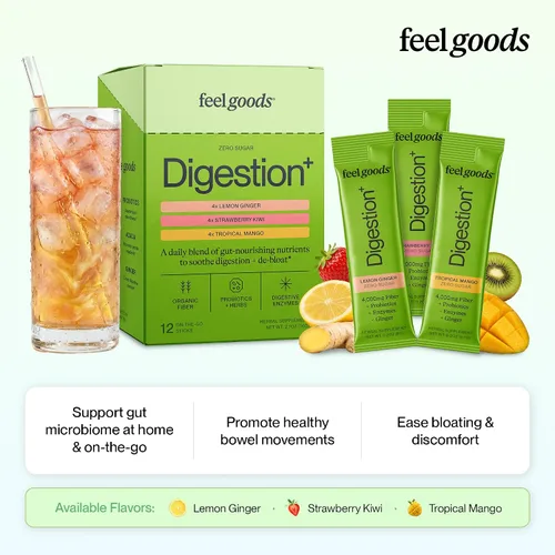Miniatura 3 de Feel Goods Digestion+, salud intestinal, mezcla de fibra orgánica y probióticos, enzimas digestivas para alivio de la hinchazón, limpieza intestinal
