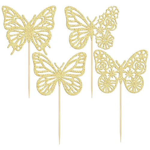 Miniatura 3 de Gyufise Paquete de 24 adornos de mariposa ensamblados con purpurina dorada, decoraciones de mariposa dorada, púas para cupcakes, bodas, 4-dorado