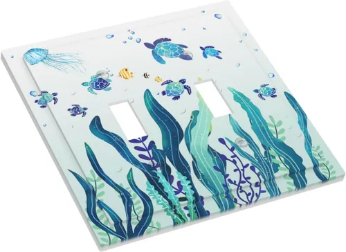Miniatura 3 de Placa de pared de tortugas marinas, hierba oceánica, medusas, peces y algas marinas, placa de pared de doble palanca, cubierta de interruptor de luz