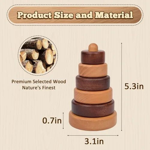 Miniatura 2 de Adena Montessori Juguete apilable de madera con anillo, juguete educativo Montessori geométrico apilador de madera, para bebés y niños pequeños a