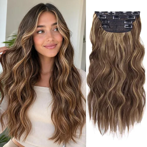 Miniatura 30 de 4 extensiones de cabello sintético con clip, extensiones de cabello rizado de 20 pulgadas de largo con clip (color: marrón medio)