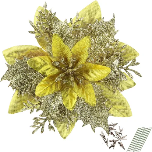 Miniatura 15 de GREENTIME 12 flores de pascua artificiales con purpurina de 5.5 pulgadas, tallos de Navidad, adornos para árbol de Navidad para fiesta de Año Nuevo