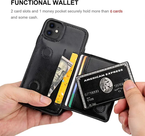Miniatura 4 de KIHUWEY Funda compatible con iPhone 11 con tarjetero y soporte para tarjetas de crédito, de cuero de primera calidad, duradero, a prueba de golpes