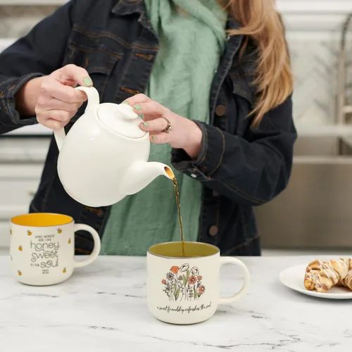 Miniatura 5 de Taza de cerámica de arte cristiano verde salvia con flores - 15 oz. Taza de café y té inspiradora con escrituras bíblicas apta para microondas
