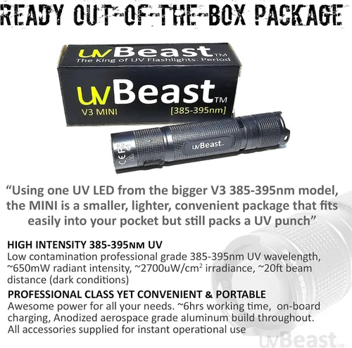 Miniatura 7 de uvBeast Nueva V3 MINI 385-395nm - Linterna UV de luz negra - Ultravioleta de baja contaminación - LED UV de 5 núcleos de grado profesional de alta