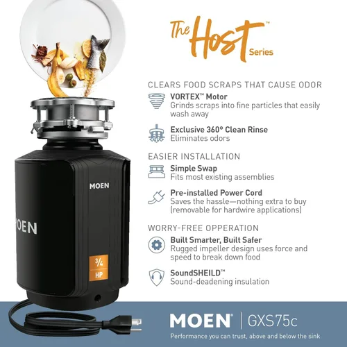 Miniatura 4 de Moen Host Series 3/4 HP - Triturador de basura de alimentación continua con reducción de ruido para fregadero de cocina, incluye cable