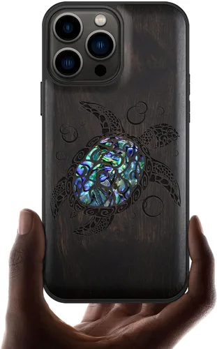 Miniatura 7 de Carveit Funda protectora de madera de diseñador para iPhone 13 Pro Max, cubierta magnética, grabado en madera e incrustaciones de concha, funda