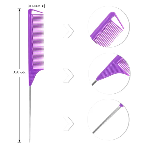 Miniatura 5 de Juego de pinzas para el pelo de cola de rata: 3 peines de cola de rata, peines de peinado para mujeres y 7 pinzas profesionales para seccionar