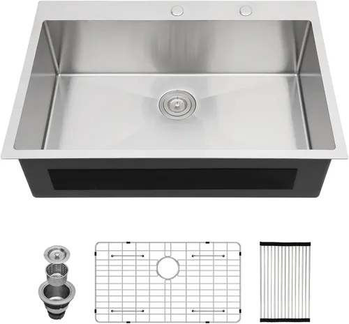 Miniatura 14 de Fregadero de cocina de 25 pulgadas, fregadero de un solo cuenco, color negro mate, calibre 18, 25 x 22 pulgadas, acero inoxidable, montaje superior
