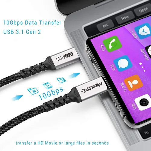 Miniatura 3 de Cable corto USB C a USB C (paquetes de 2 paquetes de 1.5 pies), 3.1 Gen 2 10Gbps 100W 4K USBC Video Cable de carga rápida de transferencia de datos