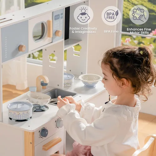 Miniatura 4 de ROBUD Juego de Ollas y Sartenes para Niños, Accesorios de Cocina para Jugar, Ollas y Sartenes de Metal en Crema Azul, Juego de Cocina para Niños
