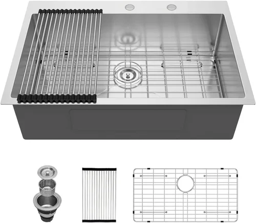 Miniatura 12 de Fregadero de cocina de 25 pulgadas, fregadero de un solo cuenco, color negro mate, calibre 18, 25 x 22 pulgadas, acero inoxidable, montaje superior
