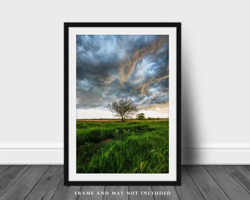Miniatura 3 de Great Plains - Impresión fotográfica (sin marco), imagen vertical del árbol bajo el cielo tormentoso en el día de primavera en la pradera de Kansas