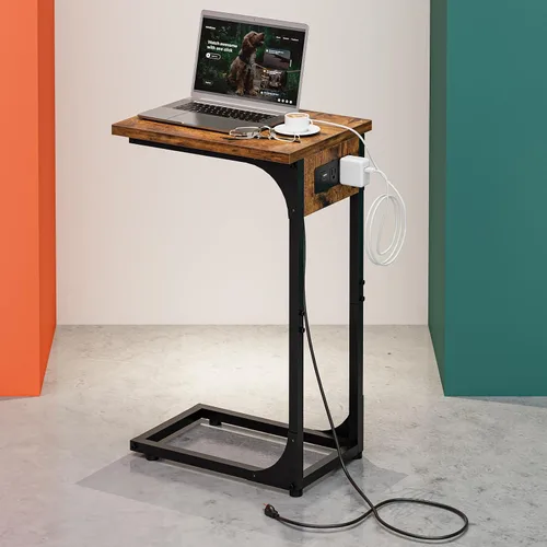 Miniatura 9 de Mesa auxiliar en forma de C para sofá, soporte de café pequeño, bandeja de sofá con marco de metal, parte superior de madera impermeable resistente