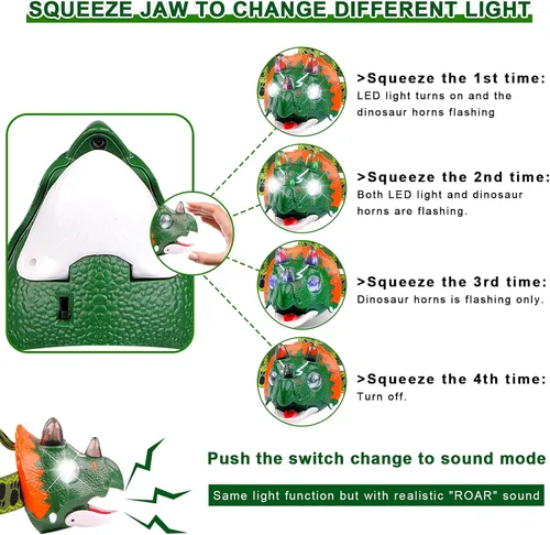 Miniatura 5 de Triceratops - Linterna frontal LED de dinosaurio para niños, artículos esenciales de equipo de campamento Linterna de cabeza de juguete de Verde
