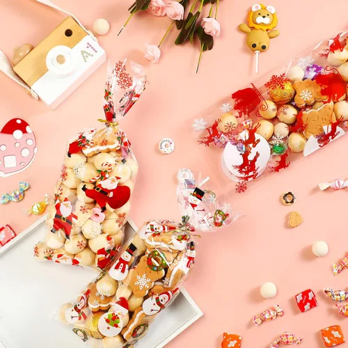 Miniatura 4 de Outus 100 piezas de bolsas de celofán de Navidad, bolsas de Navidad de plástico con lazos giratorios para dulces, galletas, golosinas, envoltorios