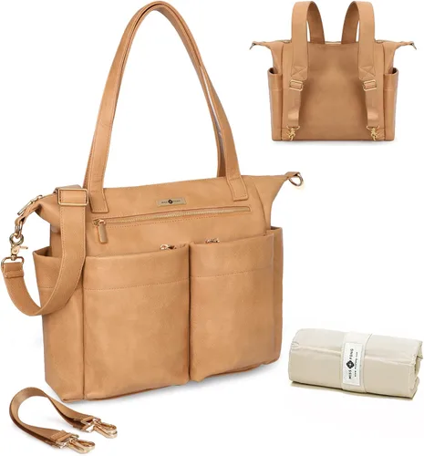 Miniatura 11 de miss fong Bolsa de pañales, bolsa de bebé, bolsa de pañales de cuero, bolsa de mano para bebé con 9 bolsillos, bolsa grande para mamá con bolso