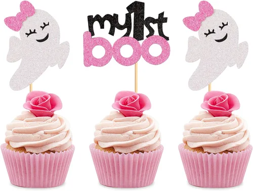 Miniatura 10 de 24 piezas de Halloween Baby Boo Cupcake Toppers Boo Ghost Cupcake Picks Baby Shower Halloween Boy Girl First Birthday Party Decoración Suministros