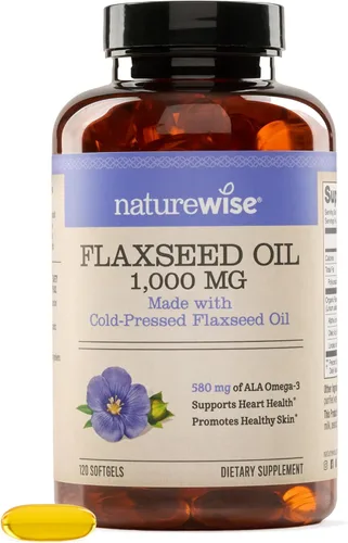 NatureWise Aceite de linaza de 1000 mg, Omega 3 sin pescado con 580 mg de ALA, suplemento Omega 3 6 9 a base de plantas, orgánico, prensado en frío,