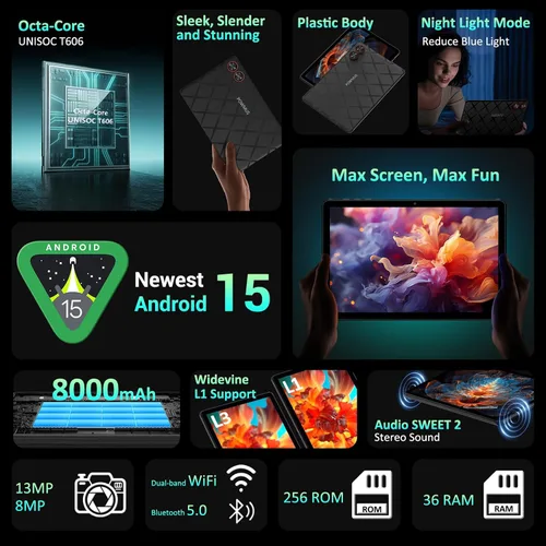 Miniatura 2 de POWMUS Tablet Android, tableta Android 15 de 11 pulgadas, tabletas con pantalla FHD 2K, 36 GB de RAM (12+24) y 256 GB de ROM, expansión de 1 TB