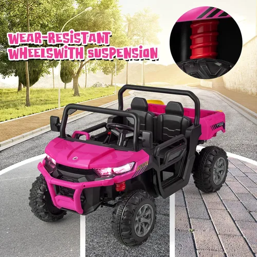 Miniatura 9 de OLAKIDS Carro Montable de 2 Asientos, Vehículo Eléctrico UTV Todoterreno de 12V con Control Remoto, Cama Volquete, Pala Extra, Música, USB, AUX, Rosa