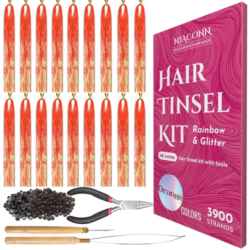 Miniatura 10 de NIACONN Kit de extensiones de oropel con purpurina de 18 colores con herramientas y cuentas, 48 pulgadas, mechones de tracción brillantes de hadas