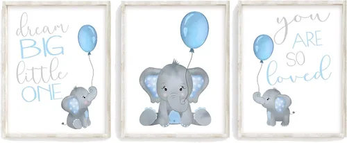 Miniatura 7 de Juego de 3 impresiones artísticas de acuarela para bebé, niño, elefante, guardería, sin marco, en azul y gris, Dream Big Little One, You Are So Loved