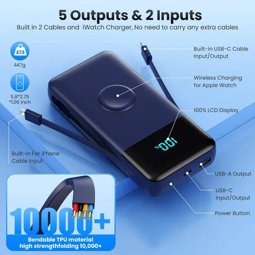 Miniatura 7 de Cargador Portátil PowerBank 40,800mAh con Cables Integrados, Carga Rápida PD de 25W + Carga Rápida QC 4.0 para Teléfono, Paquete de Batería Cargador