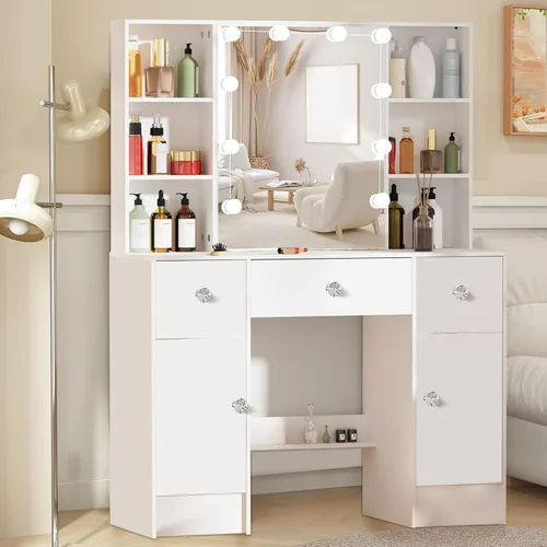 Miniatura 23 de Espejo de tocador con luces, escritorio y silla, 5 cajones y gabinete, mesa de maquillaje con espejo grande HD, 3 modos de iluminación, mesa