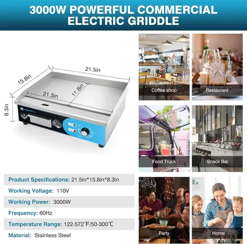 Miniatura 2 de IRONWALLS Plancha Eléctrica Comercial de 22", 3000W Plancha Eléctrica de Superficie Plana, Plancha Eléctrica de Acero Inoxidable para Encimera