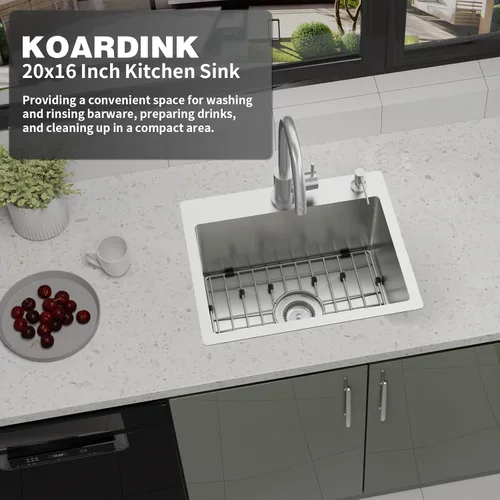 Miniatura 2 de Fregadero de cocina y bar, 20 x 16 pulgadas, de acero inoxidable, moderno, de un solo tazón, montaje superior, fregadero de cocina y bar, rejilla