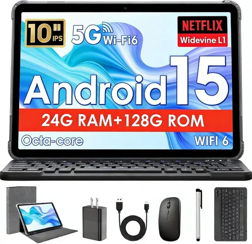 Tablet Android de 10 pulgadas, tableta Android 15 con teclado, 24 GB de RAM+128 GB de ROM, 1 TB Expand, Octa-Core 6000mAh 1280x800 IPS HD, WiFi 5G,