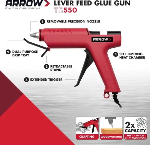 Miniatura 2 de Arrow TR550 Pistola de pegamento eléctrica profesional resistente para manualidades, construcción, madera, utiliza barras de pegamento estándar