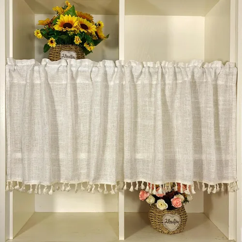 Miniatura 11 de Cenefa de cortina rústica bohemia para ventana de cocina, casa de campo, hecha a mano, entretejido de encaje de ganchillo, tela de algodón, cortinas