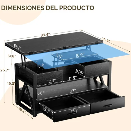 Miniatura 2 de Memobarco Mesa de Centro con Tapa Elevable de 40", Mesas de Centro Elevables Multifunción 4 en 1 con Cajones de Almacenamiento y Compartimento