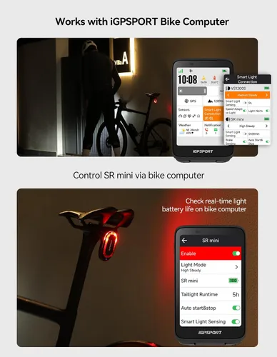 Miniatura 6 de iGPSPORT SR Mini Luz de Radar para Bicicleta, Distancia de Monitoreo 160M, Vida de Batería 20H, Luz Trasera de Freno Intermitente Impermeable