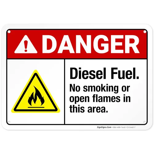 Diesel Fuel No Smoking Or Open Flames in This Area Sign, ANSI Danger Sign, 10x7 Inches, Rust Free .040 Aluminum, Fade Resistant, Indoor/Outdoor Use,