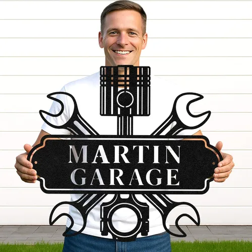 Miniatura 21 de Letrero de metal personalizado para garaje, arte de pared personalizado para hombres, decoración de taller mecánico con nombre, decoración