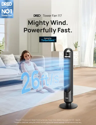 Miniatura 2 de Dreo - Ventilador de torre para dormitorio, ventiladores de pie oscilantes de 90° para habitación con 4 velocidades, 3 modos, silencioso de 28dB